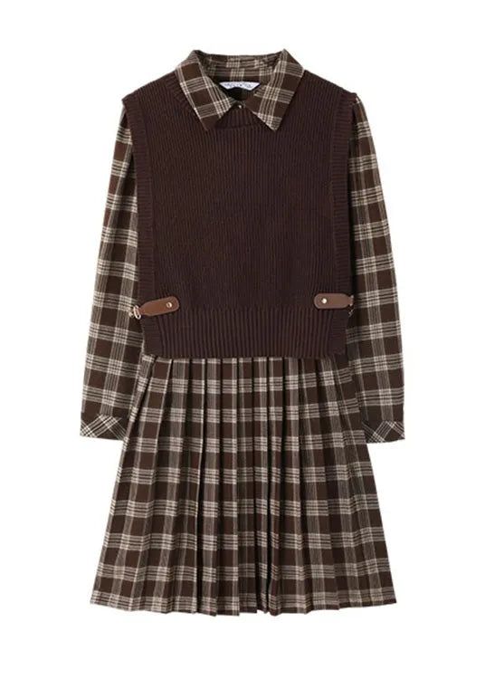 Peter Pan Collar Plaid Knit Waistcoat and Mid Dresstwo Pieces Set Spring