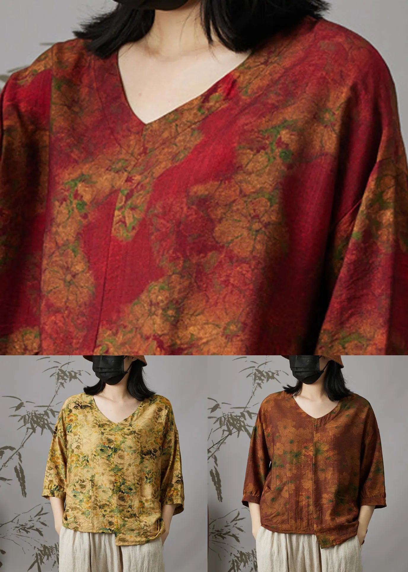 Wine Red V Neck Print Patchwork Cotton Top Summer