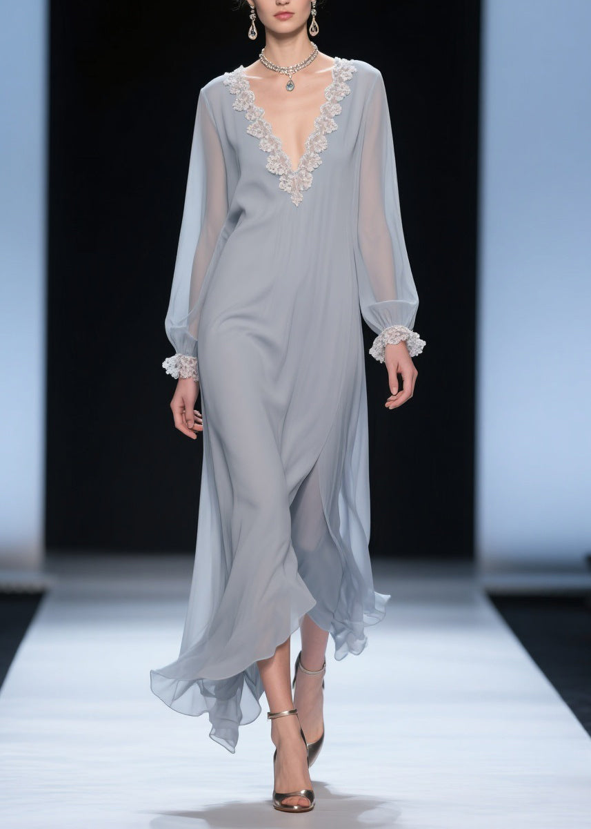 Grey Lace Chiffon Long Dress V Neck Butterfly Sleeve
