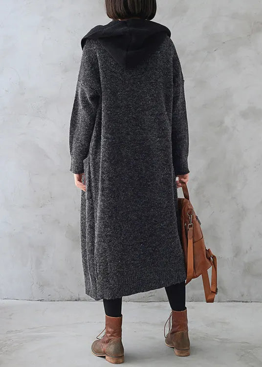 Dark Grey Wool Patchwork Knit Hooded Maxi Trench Coats Fall