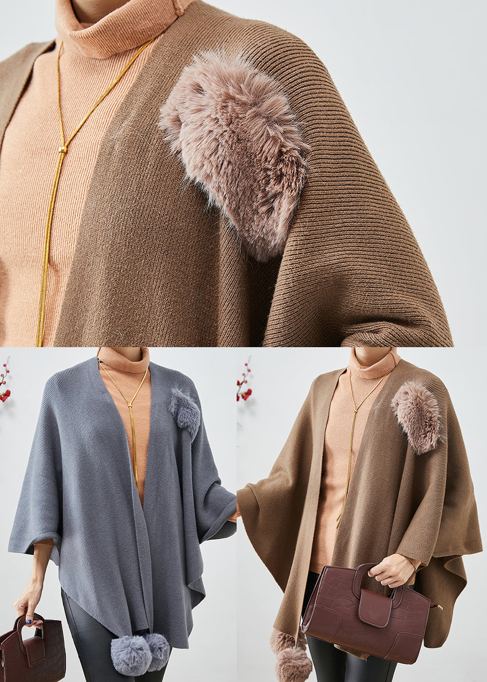 Grey Oversized Fuzzy Ball Decorated Knit Cardigan Fall