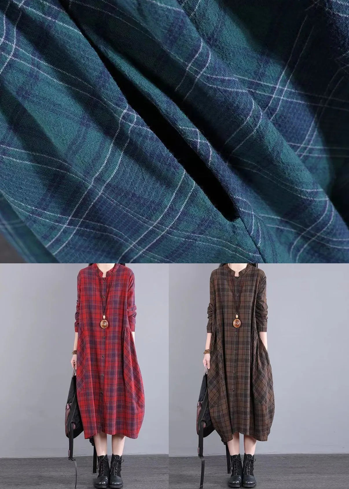 Red Stand Collar Plaid Cotton Shirts Dresses Fall