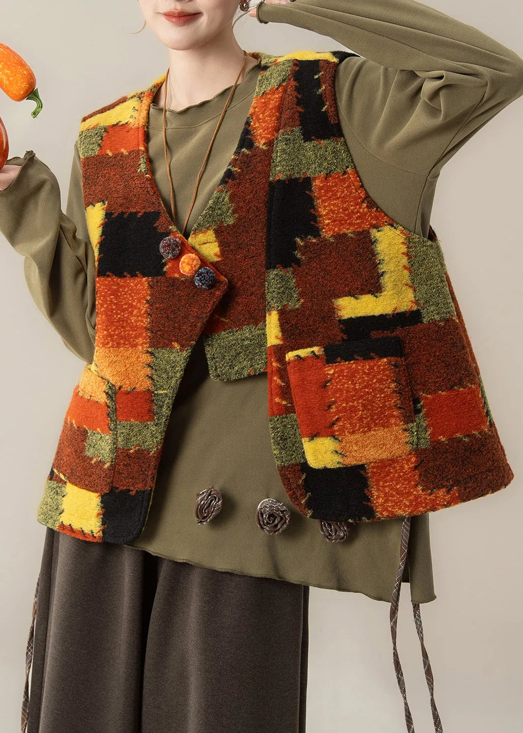 V Neck Patchwork Waistcoat ,top and Pants Three Pieces Set Spring
