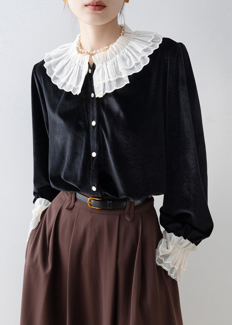 Art Black Ruffled Patchwork Silk Velour Blouse Tops Spring