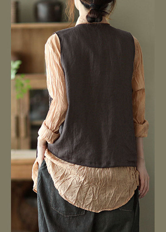 Stylish Chocolate Patchwork Button Rivet Fall Sleeveless Vest