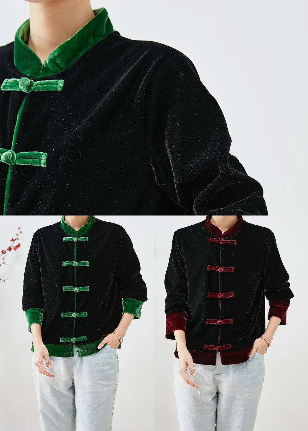 Red Patchwork Silk Velour Chinese Style Coats Mandarin Collar Fall