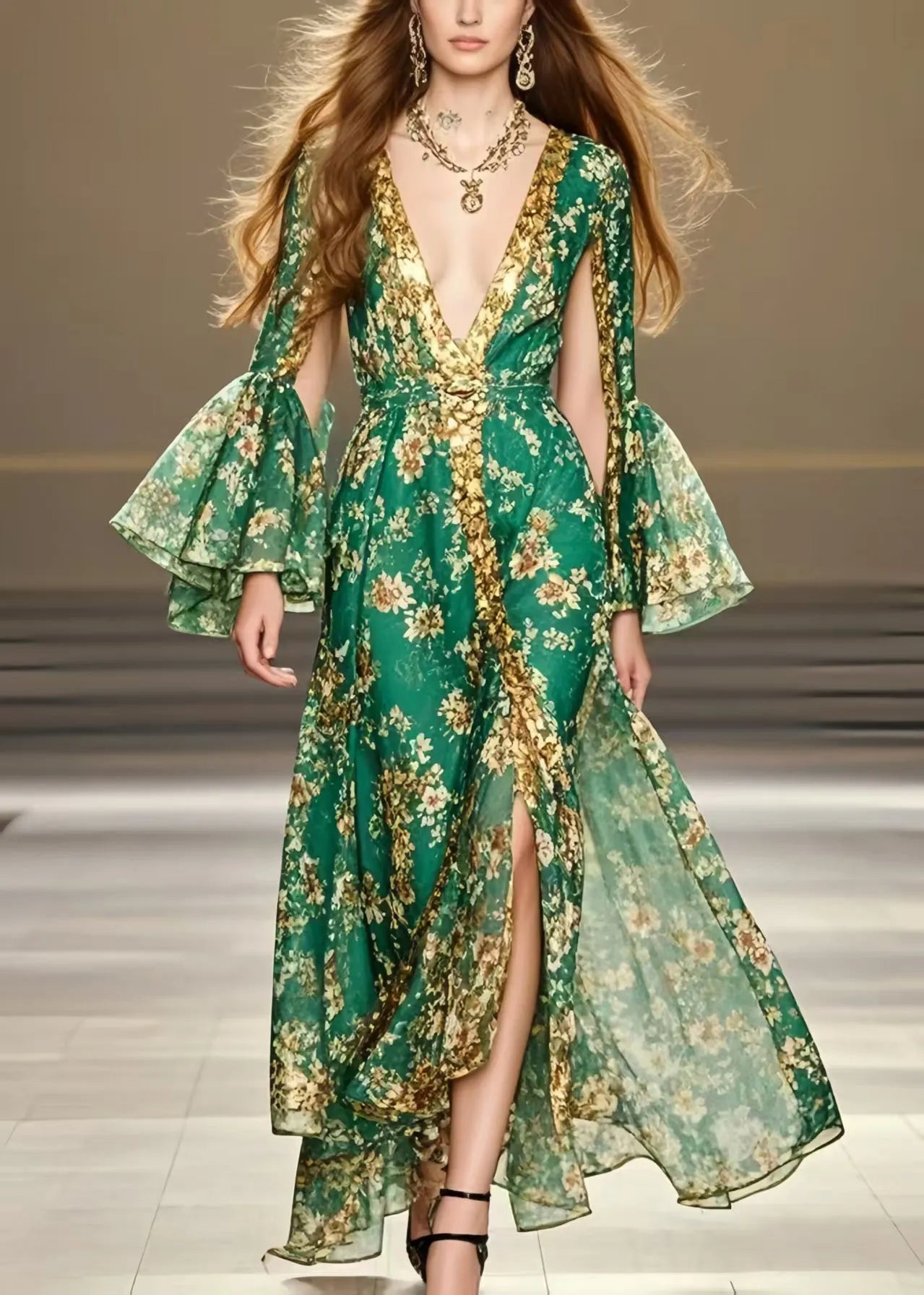Green Deep-v Neck Print Chiffon Party Dresses Flare Sleeve