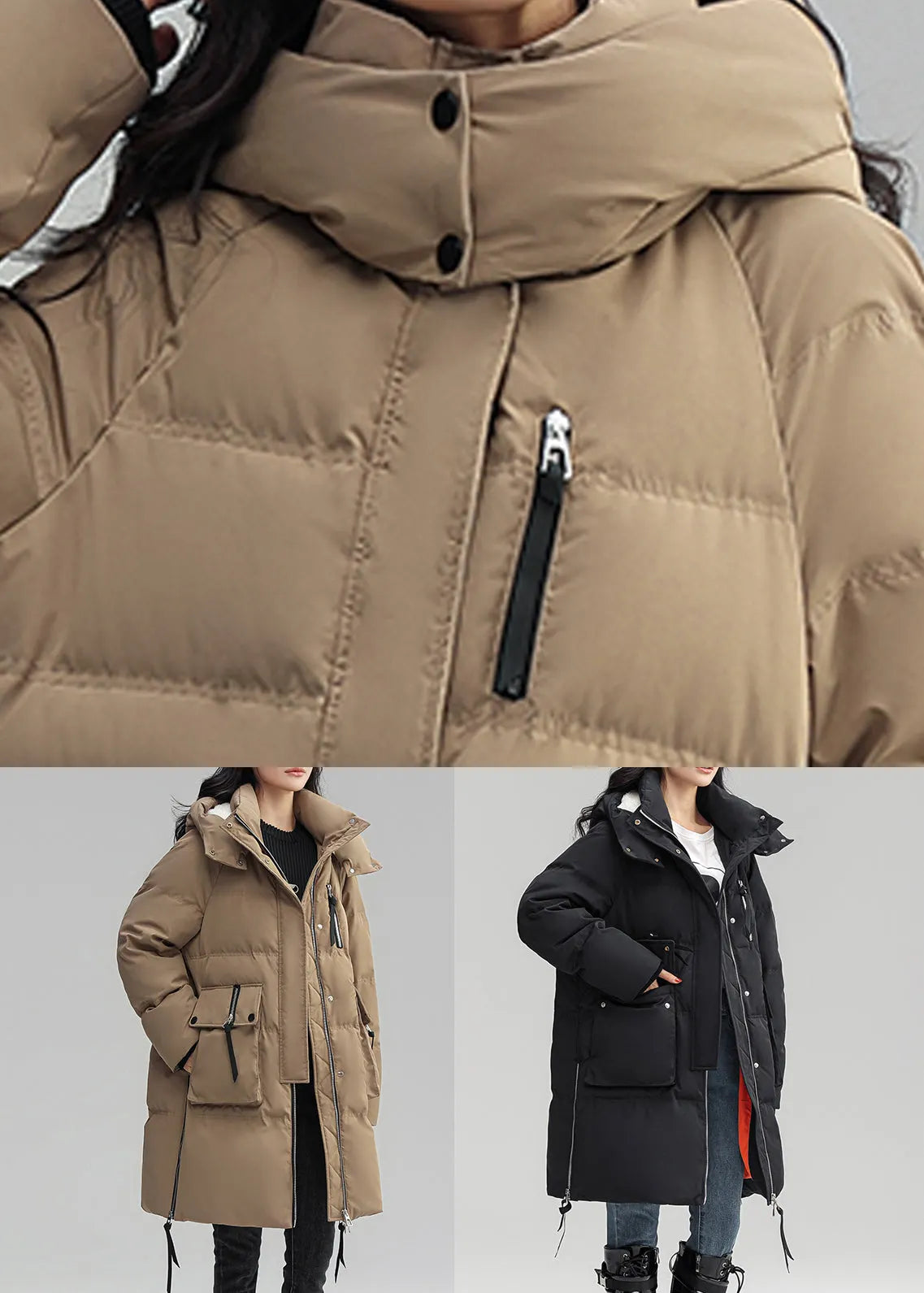 Khaki Hooded Button Patchwork Duck Down Coat Winter