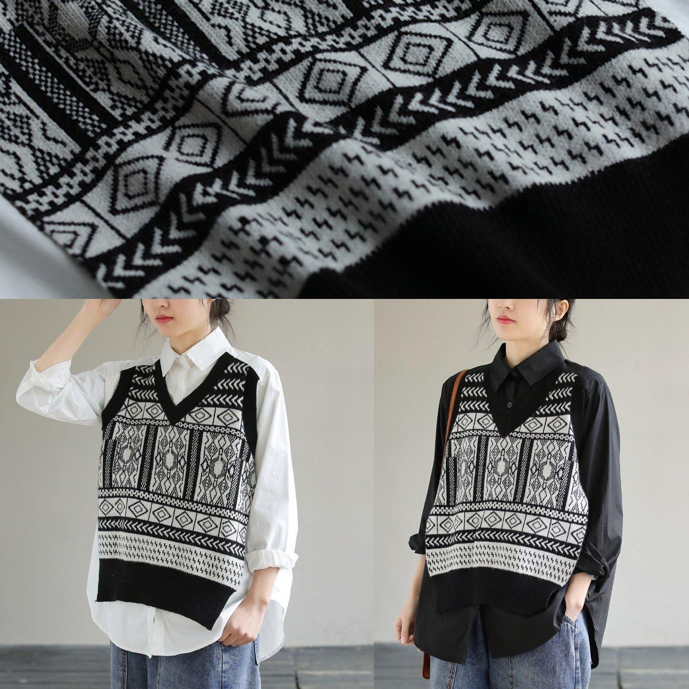 Classy Lapel Patchwork Knit Fabric Spring Black Blouse