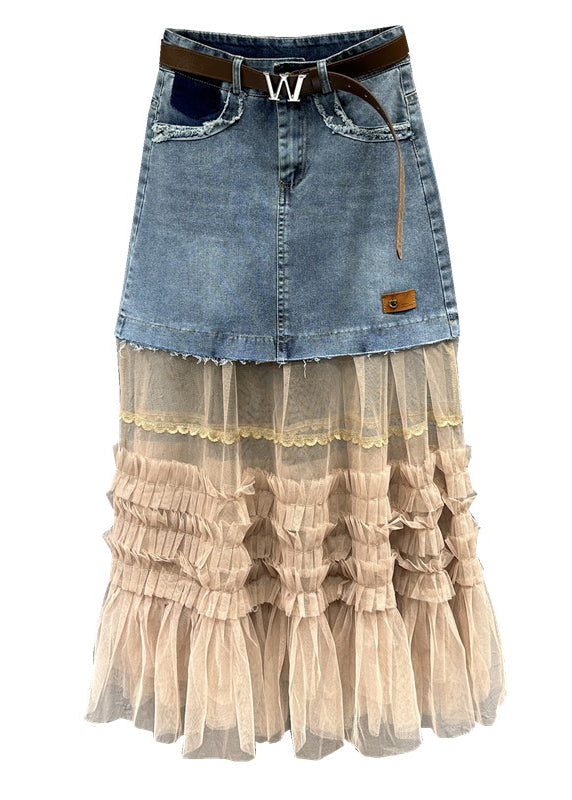 Colorblock Tulle Ruffled Pockets Patchwork Denim Skirt Fall