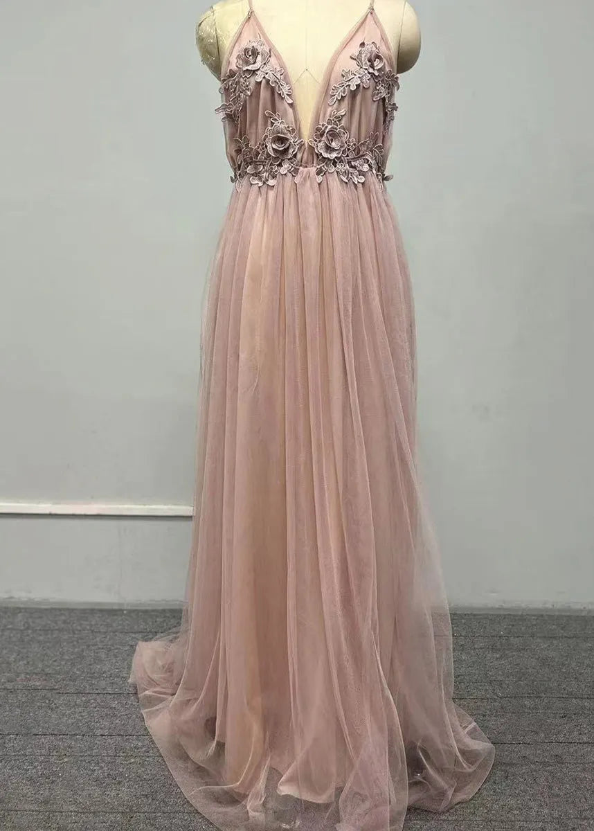Classy V Neck Tulle Spaghetti Strap Dress Summer