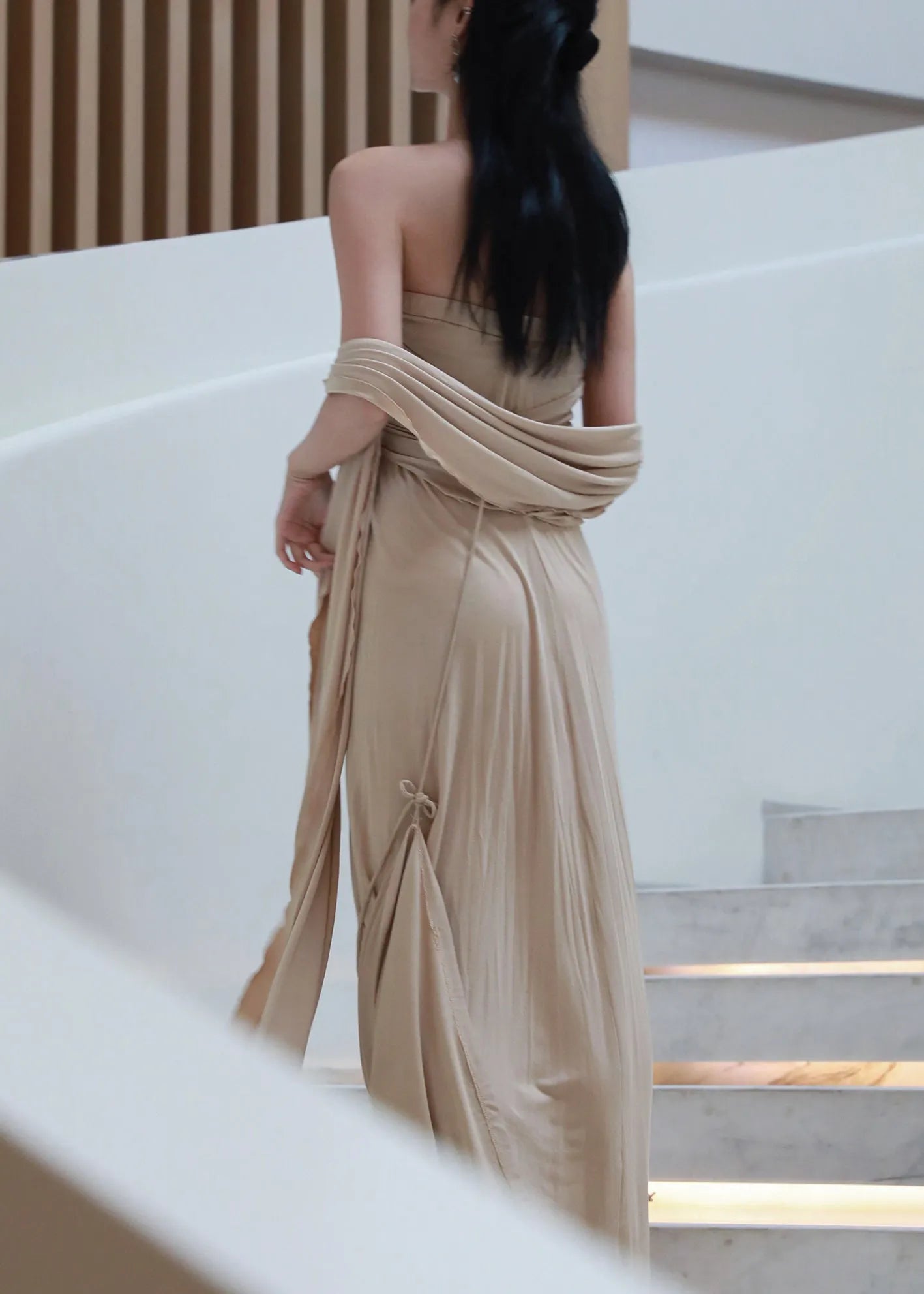 French Khaki Off the Shoulder Wrinkled Cotton Long Dresses Sleeveless