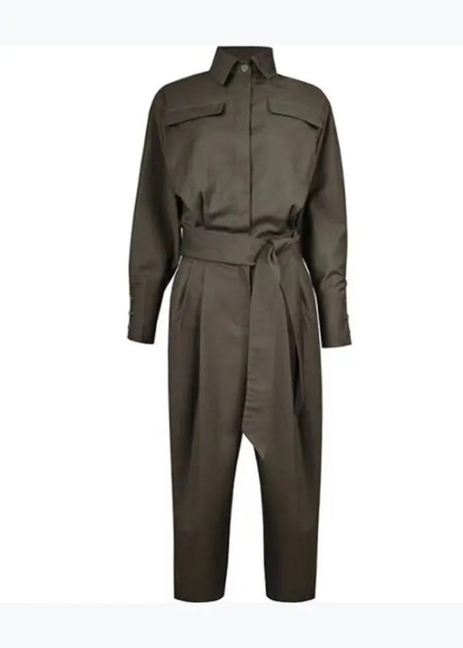 Unique Photo Color Peter Pan Collar Tie Waist Cotton Overalls Jumpsuit Spring