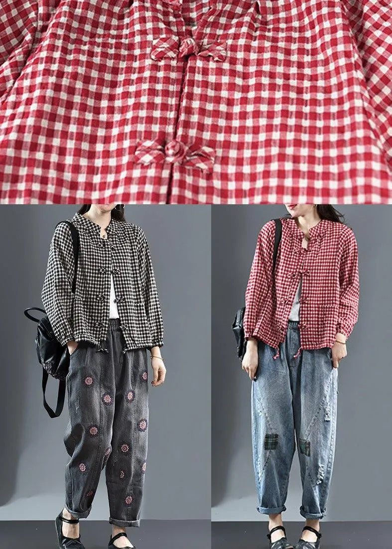 Red Plaid Tie Waist Patchwork Fall Trench Long Sleeve