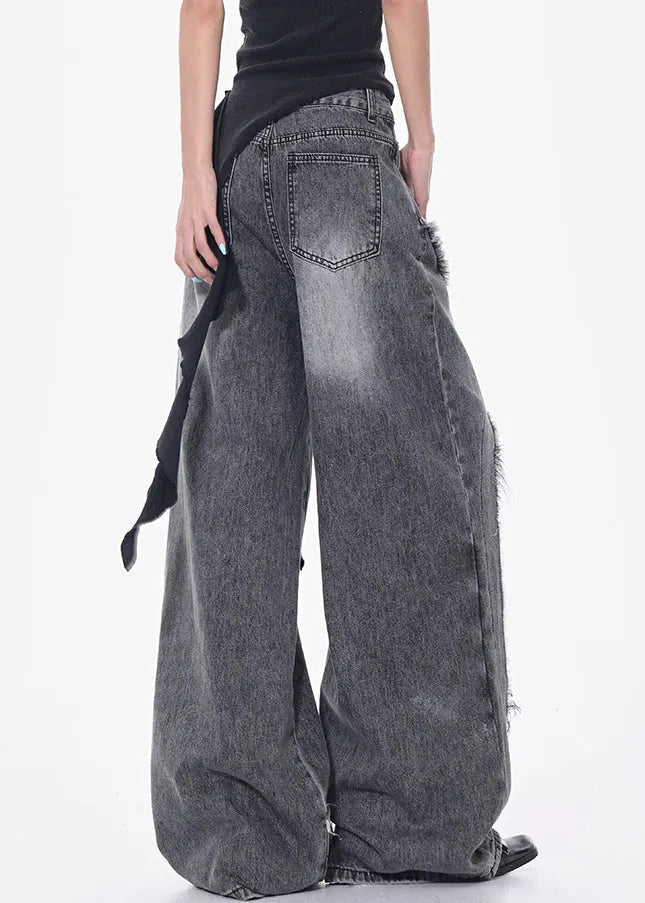 Modern Dark Gray Hole Pockets High Waist Denim Pants Fall