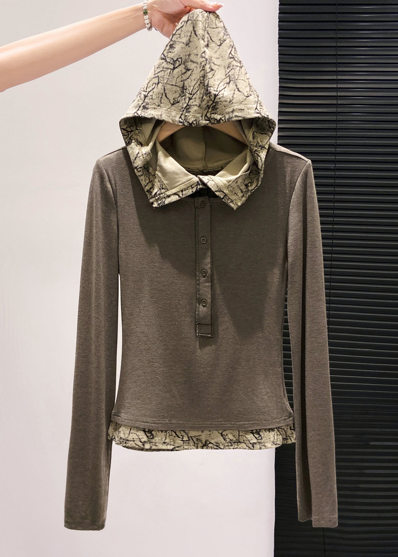 Brown Hooded Patchwork Cotton Fake Two Piece Tops Fall