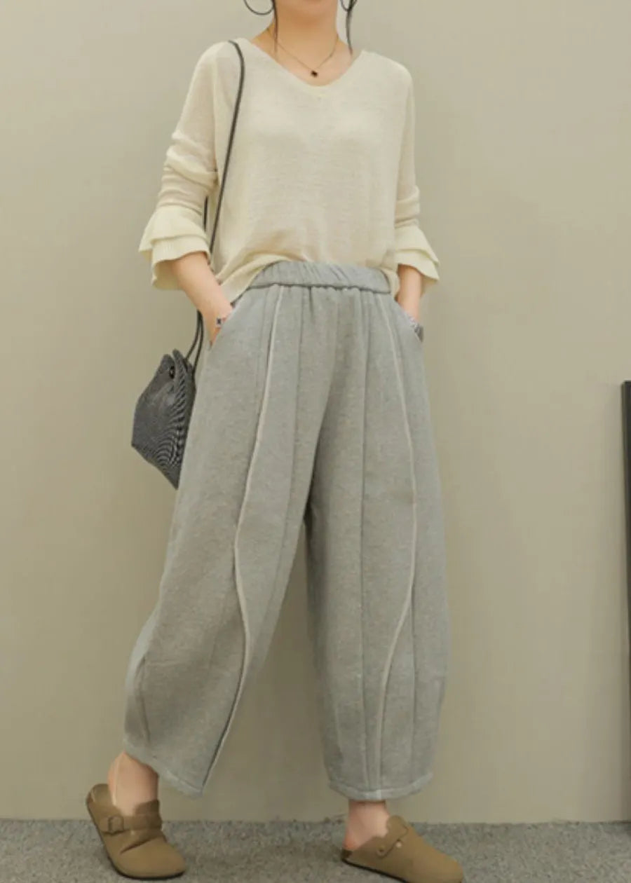 Grey Pockets Elastic Waist Patchwork Cotton Pants Fall