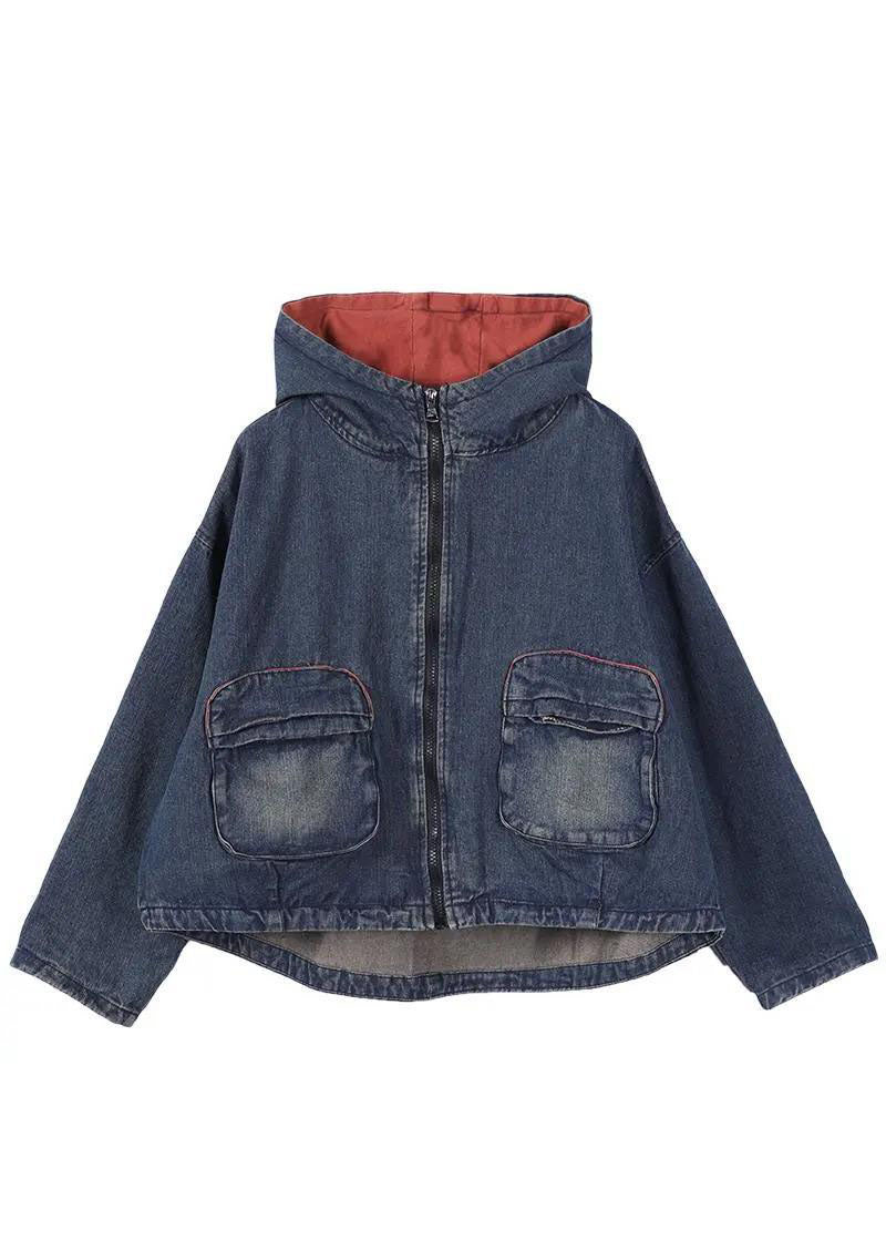 Blue Hooded Pockets Zippered Fall Denim Coat Long Sleeve