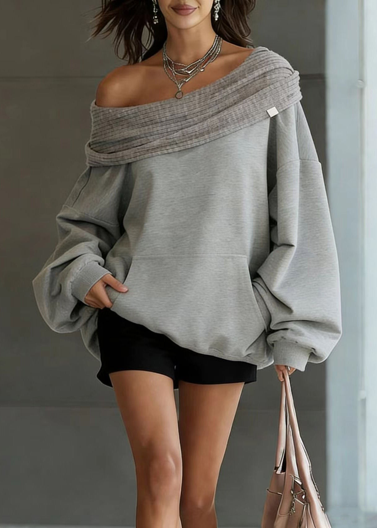New Grey Slash Neck Hooded Pullover Spring