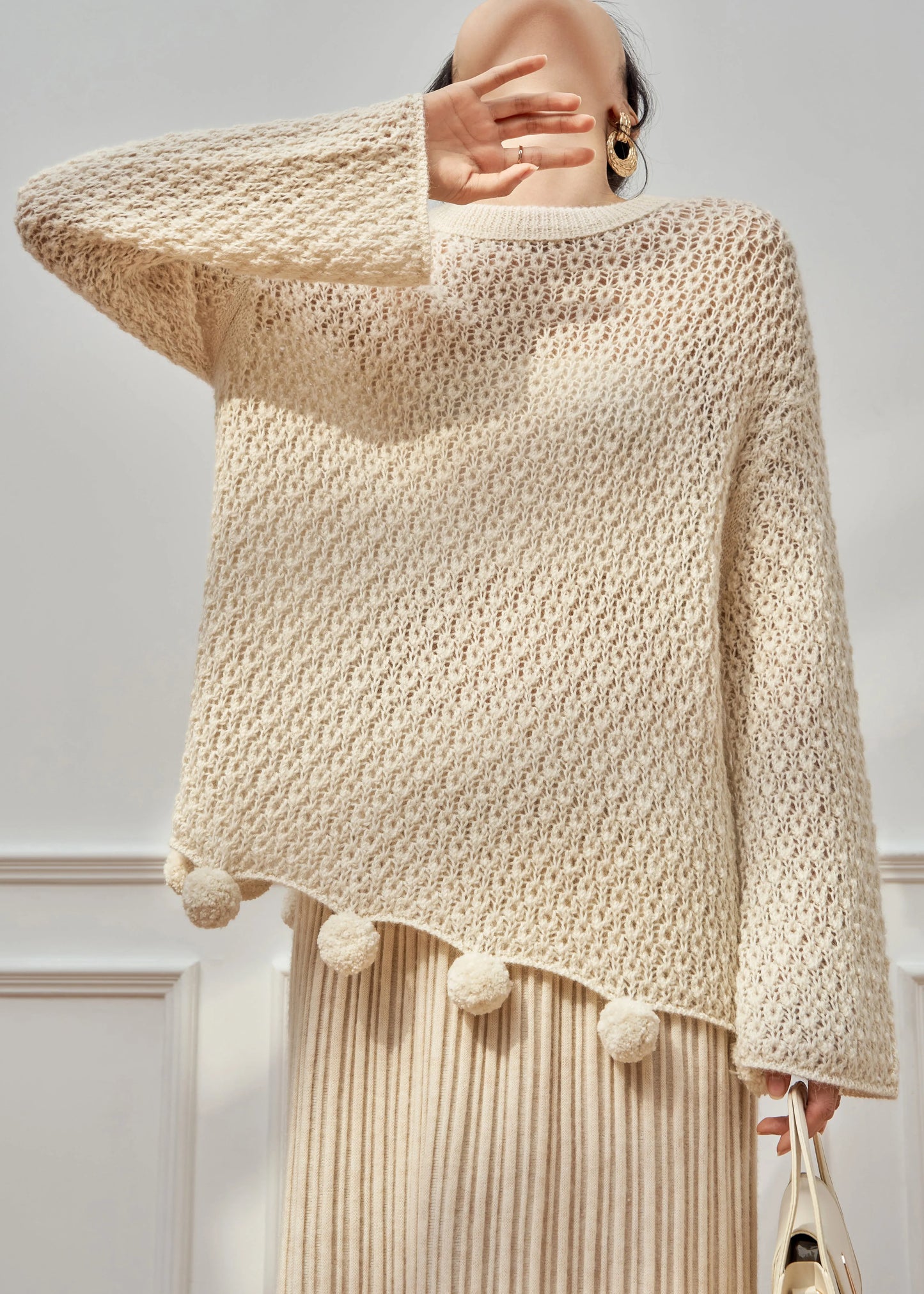 Loose Beige O Neck Hollow Out Fuzzy Ball Decorated Knit Two Pieces Set Fall