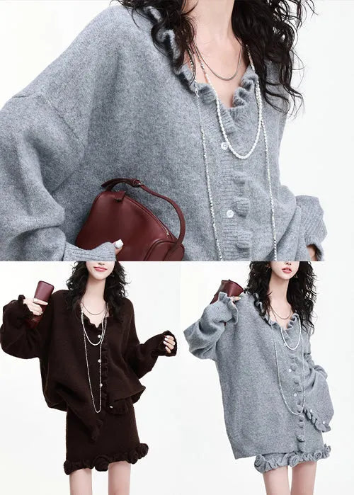 Chocolate Thick Knit Two Piece Suit Set Ruffled Flower Decorated Winter