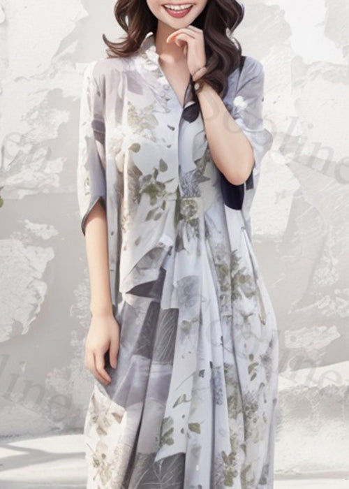 Loose Light Grey V Neck Print Silk Long Dress Short Sleeve