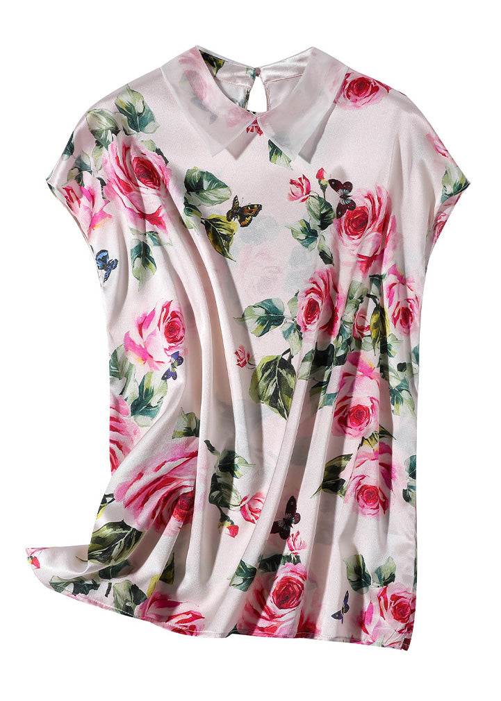 Italian Pink Peter Pan Collar Print Silk Tops Short Sleeve Summer