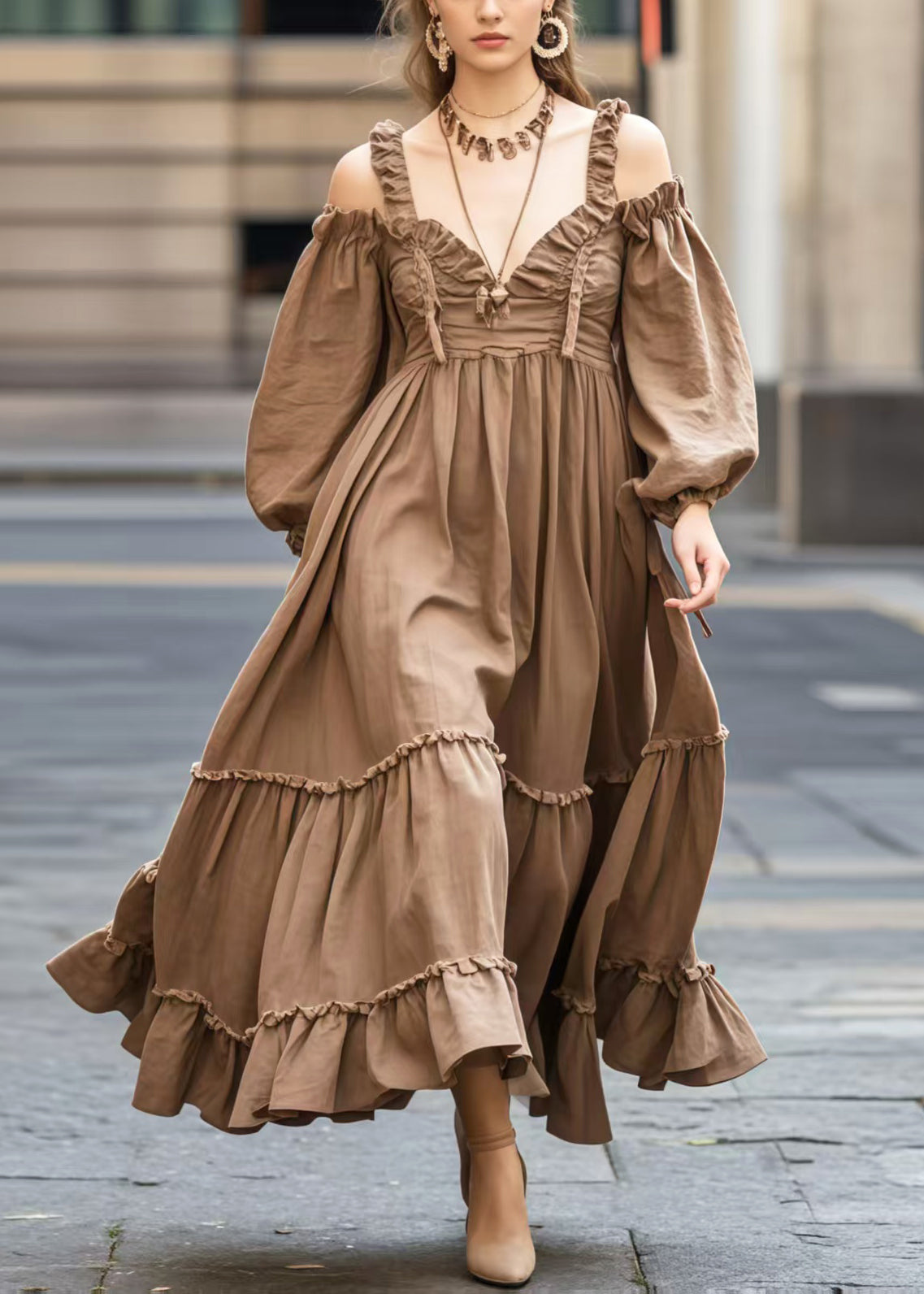 Coffee Cold Shoulder Exra Large Hem Maxi Dresses Spring