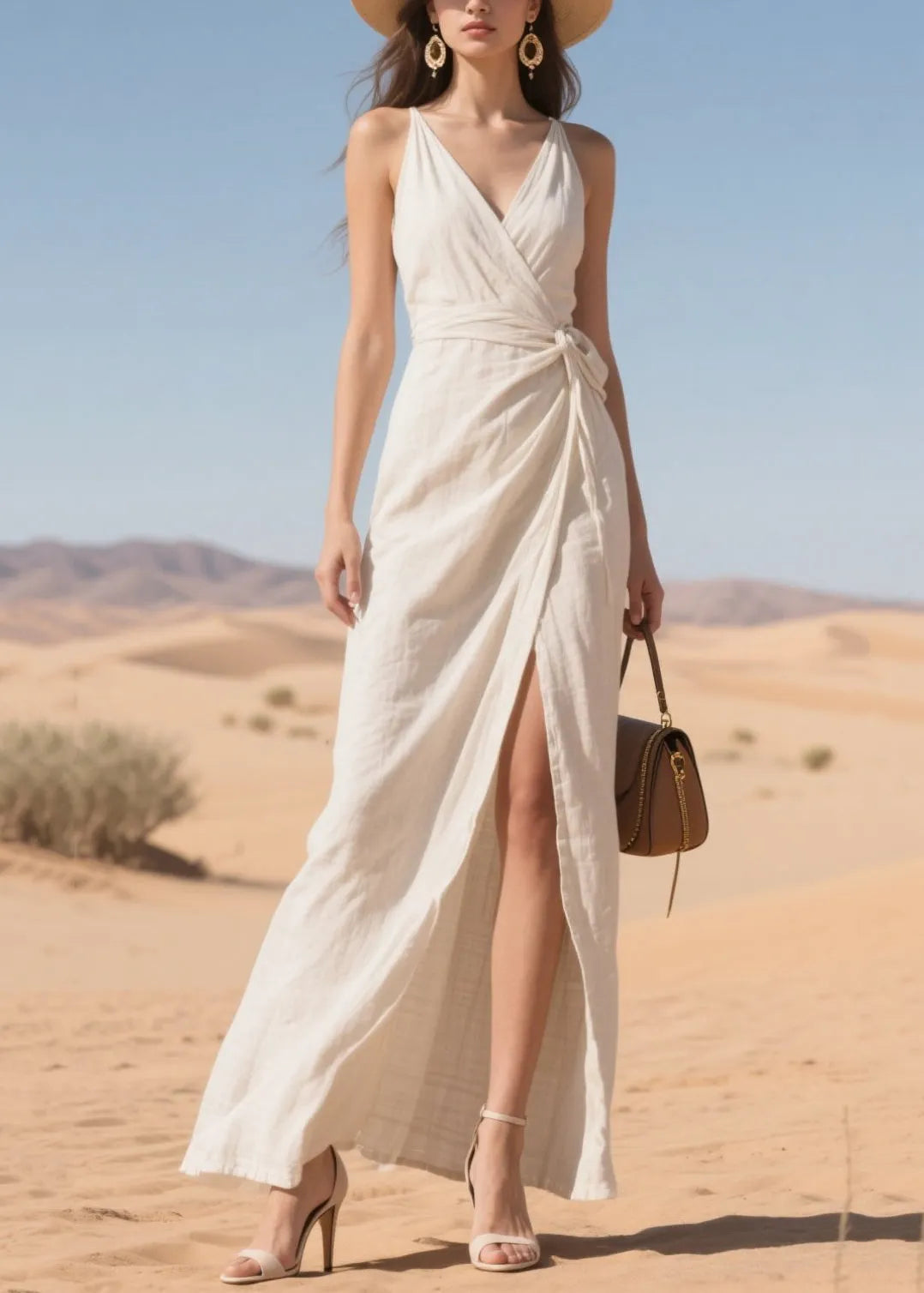 Style White Tie Waist Side Open Cotton Cami Dress Summer