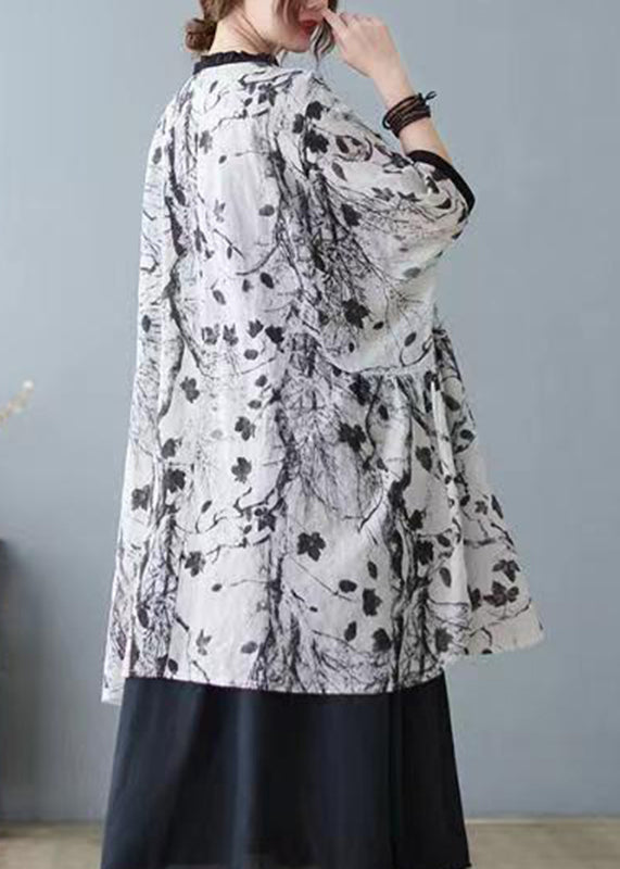 Grey Print Ruffled Patchwork Tops Short Sleeve