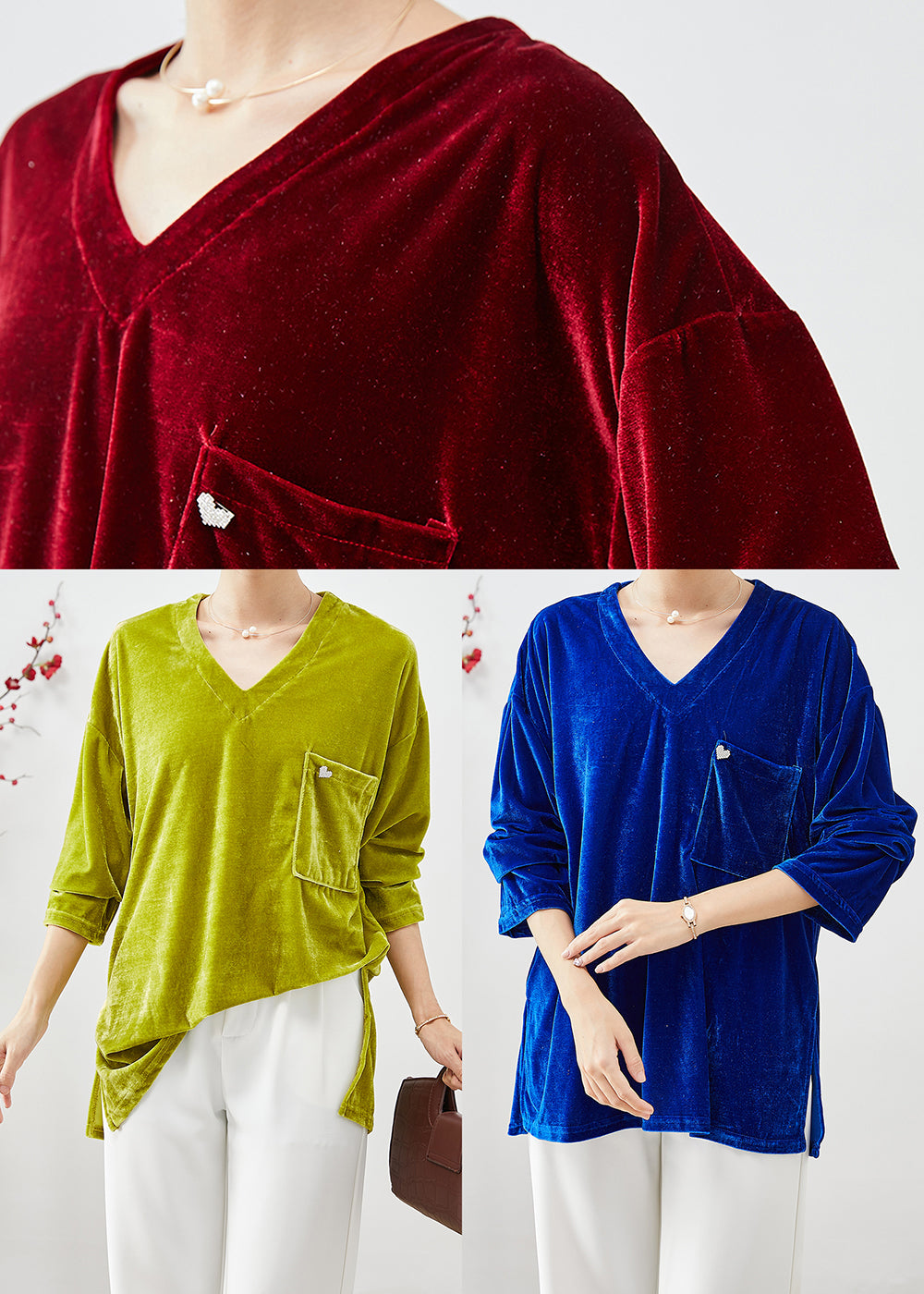 Mulberry V Neck Pocket Silk Velour Top Fall