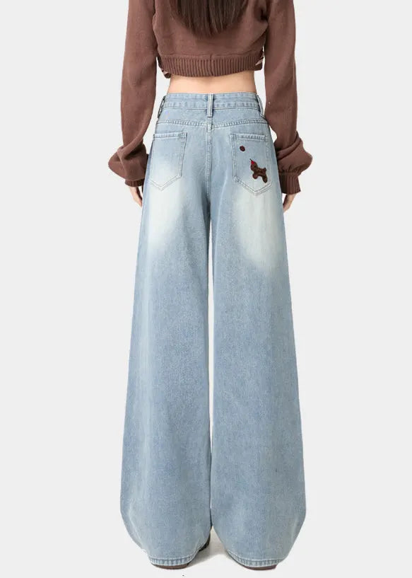 Light Blue Little Dogs Embroidered High Waist Warm Fleece Jeans Spring