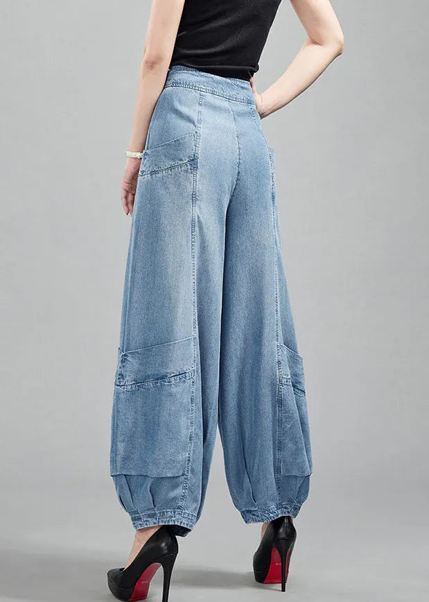 Light Blue High Waist Pockets Cotton Denim Lantern Pants Summer