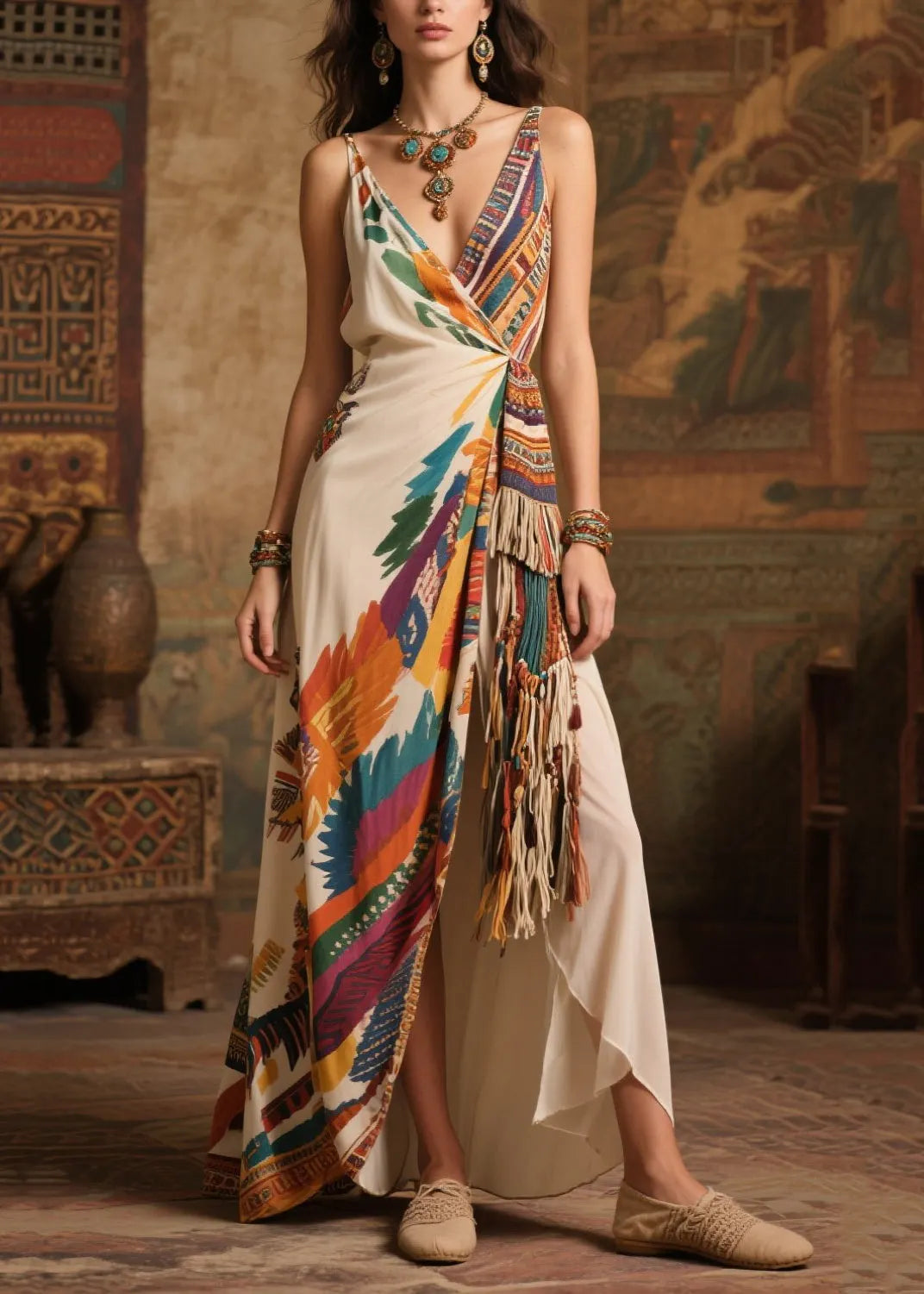 Tasseled Print Side Open Chiffon Holiday Dress Summer