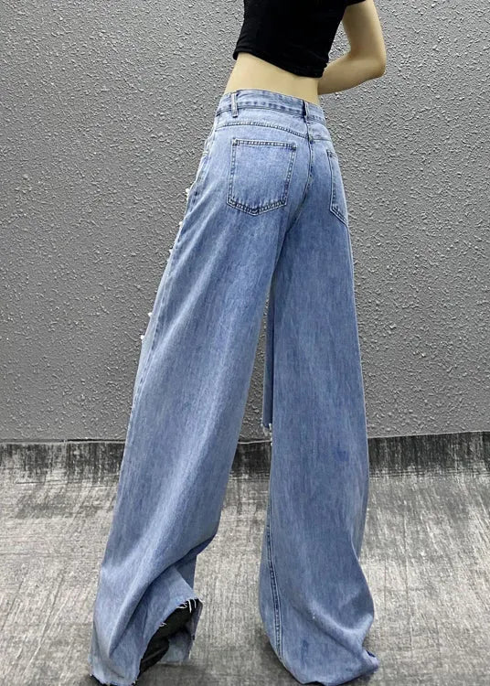 Blue Bead Decorated Pockets Ripped Denim Wide Leg Pants Fall