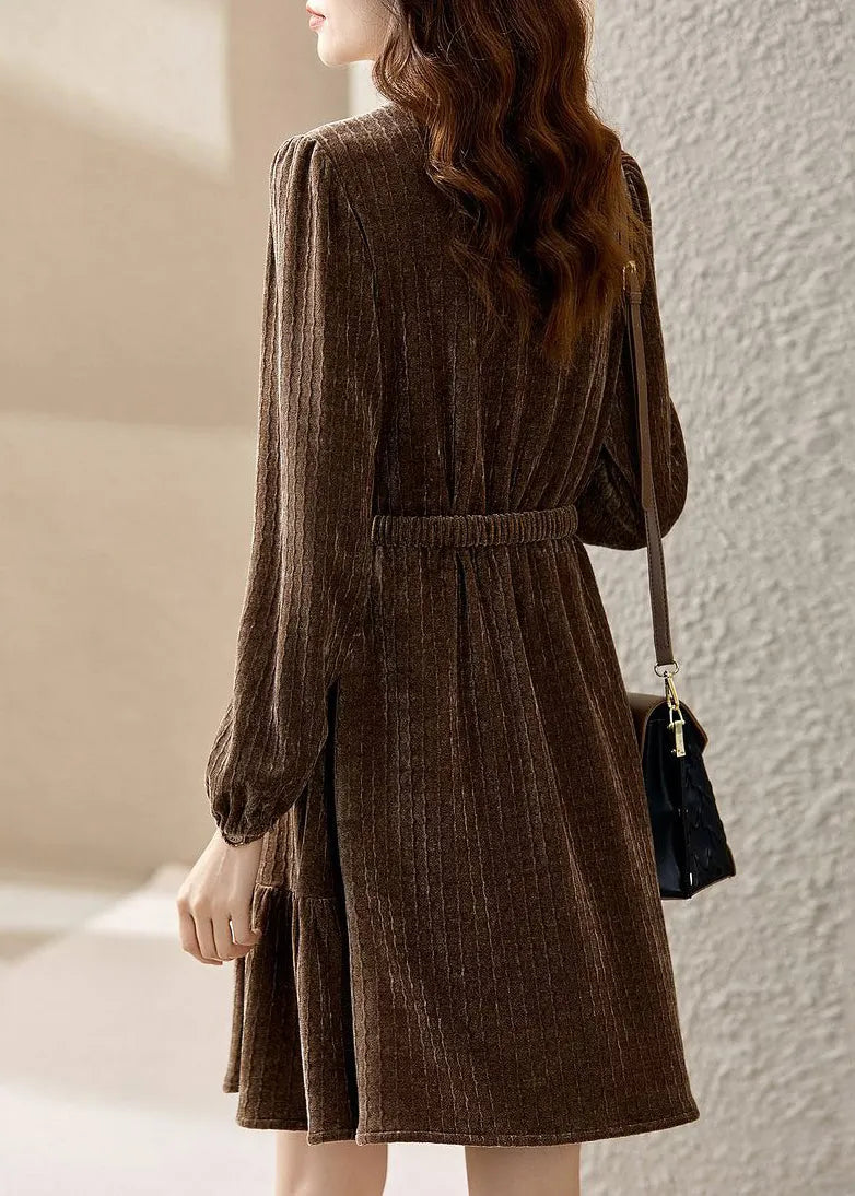 Coffee O Neck Sashes Patchwork Silk Velour Mid Dress Spring