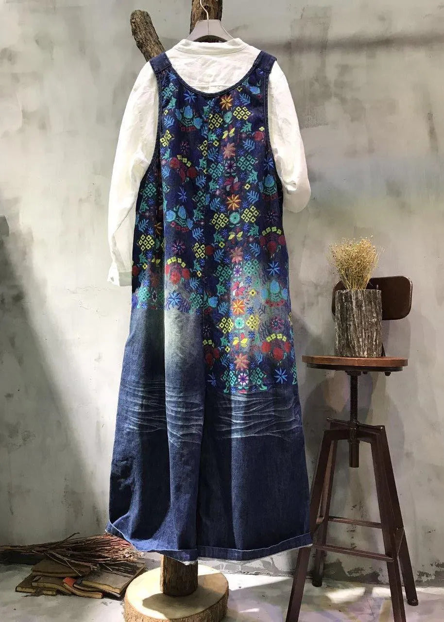 Boutique Print Blue Jeans Overall Jumpsuit