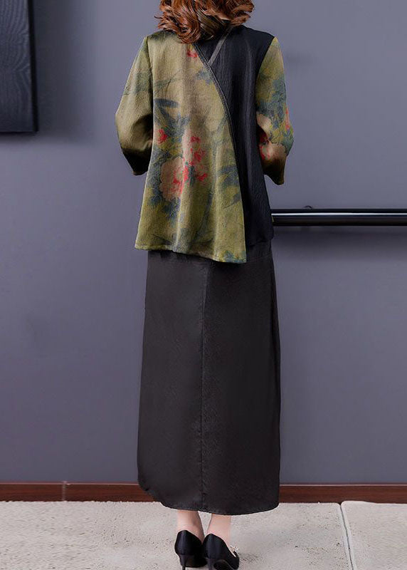Green V Neck Patchwork Tasseled Oriental Button Silk Two Piece Set Summer