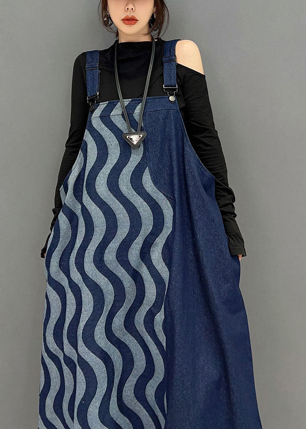 Blue Patchwork Cotton Denim Strap Dresses Spring