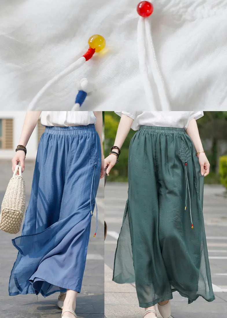 Army Green Linen Pants Side Open Drawstring Spring