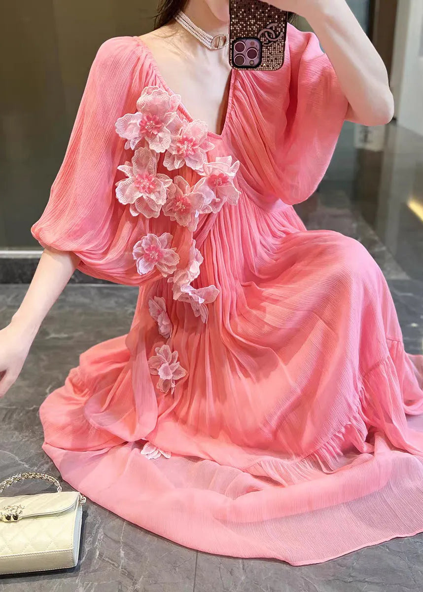 Pink V Neck Silk Vacation Long Dresses Short Sleeve