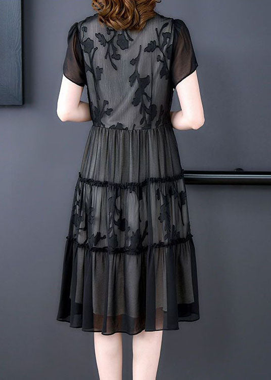 Black Embroideried Patchwork Ruffled Chiffon Maxi Dresses Summer