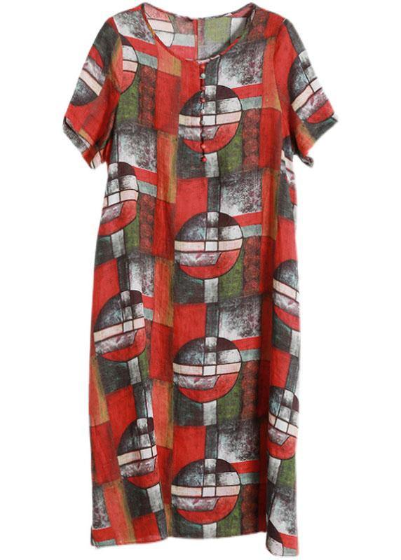 Red Print Linen Dress Pockets