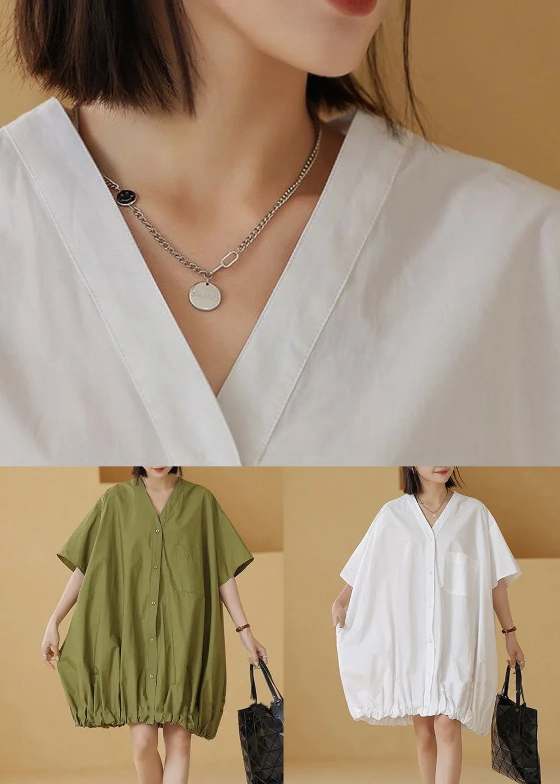 Green Button Cotton Shirts Mid Dress Short Sleeve