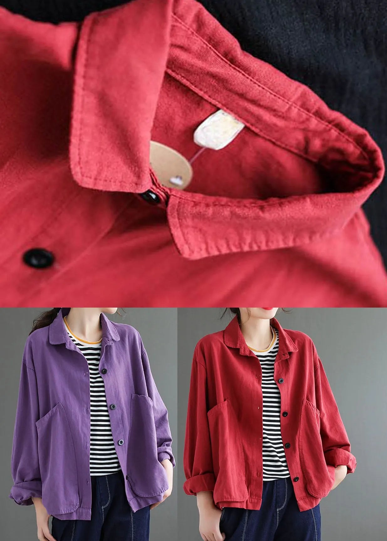 Purple Pockets Patchwork Coats Long Sleeve