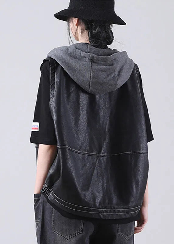 Boutique Black Patchwork Hooded Zippered Fall Pockets Blouse Tops Pu Waistcoat