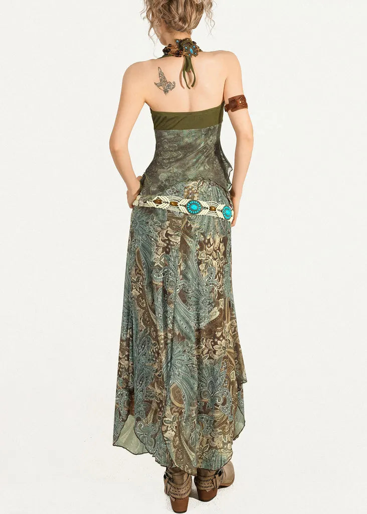 Green Print Top and Maxi Skirts Two Pieces Set Sleeveless
