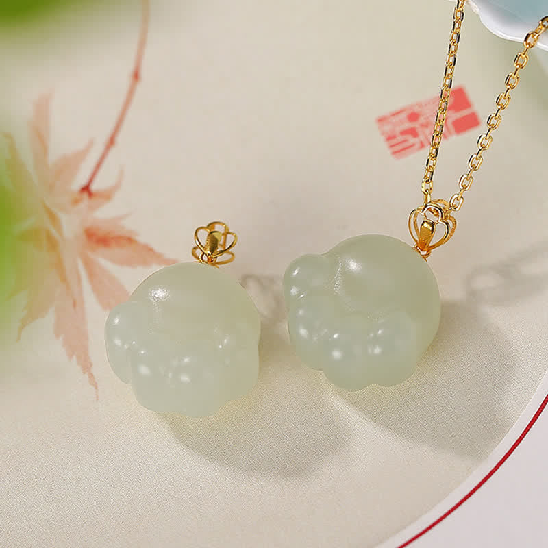 Buddha Stones 925 Sterling Silver Hetian White Jade Cat Paw Luck Necklace Pendant