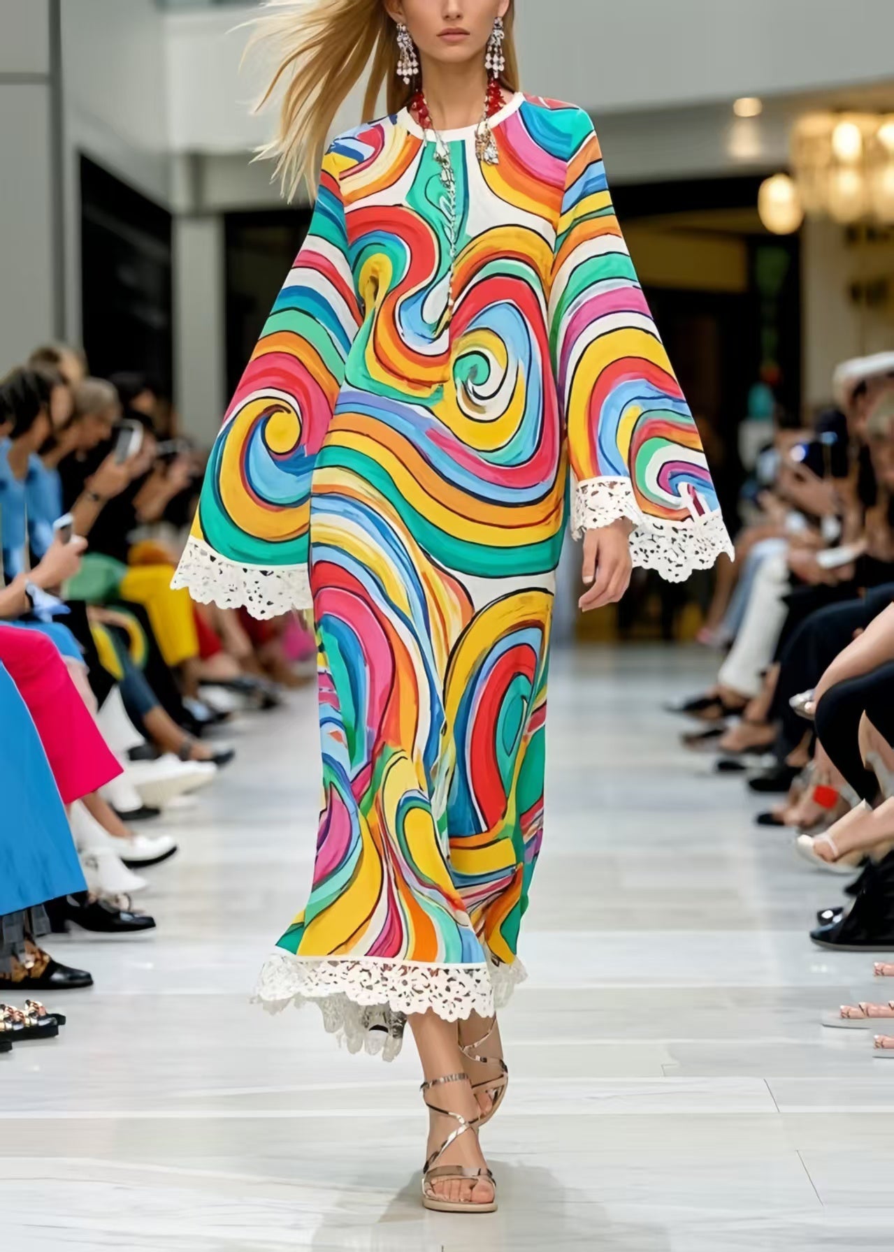 Rainbow Print Patchwork Lace Chiffon Dress Summer