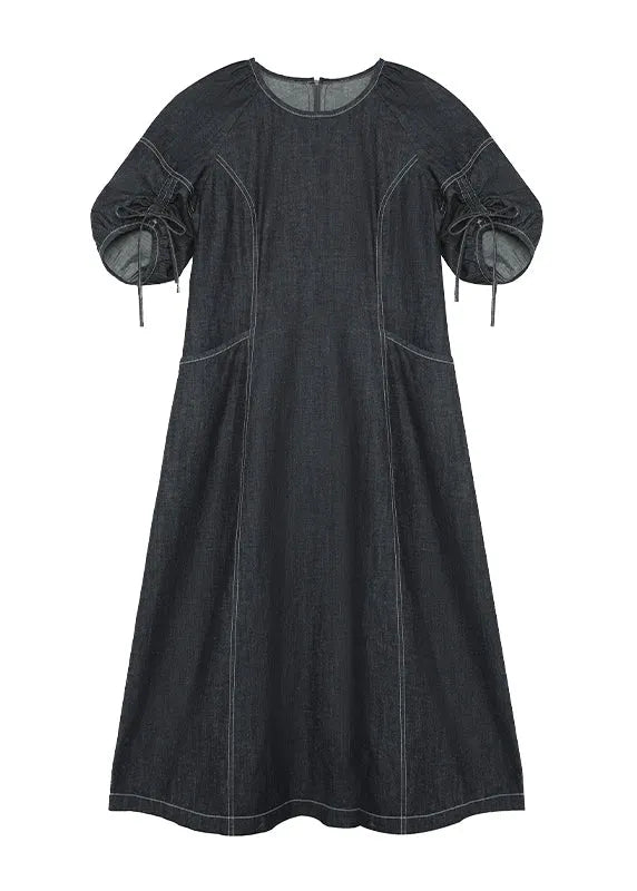 Italian Navy O Neck Drawstring Lace Up Patchwork Denim Dress Summer